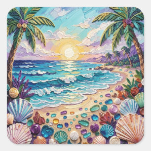 Impasto Beach and Sea Glass Sunset and Palm Trees Square Sticker