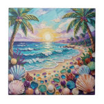 Impasto Beach and Sea Glass Sunset and Palm Trees Tile<br><div class="desc">Pretty seaside coastal tile with a gorgeous ai impasto oil painting style illustration of blue ocean waves crashing on a sandy beach,  that is covered in sea glass and surrounded by palm trees at sunset.</div>