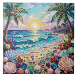 Impasto Beach and Sea Glass Sunset and Palm Trees Tile<br><div class="desc">Pretty seaside coastal tile with a gorgeous ai impasto oil painting style illustration of blue ocean waves crashing on a sandy beach,  that is covered in sea glass and surrounded by palm trees at sunset.</div>