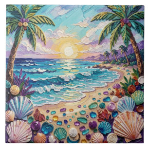 Impasto Beach and Sea Glass Sunset and Palm Trees Tile