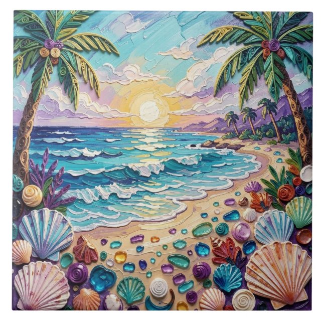 Impasto Beach and Sea Glass Sunset and Palm Trees Tile (Front)