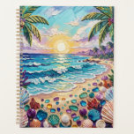 Impasto Beach and Sea Glass Sunset and Sunrise Planner<br><div class="desc">Pretty seaside coastal planner with a gorgeous ai impasto oil painting style illustration of blue ocean waves crashing on a sandy beach,  that is covered in sea glass and surrounded by palm trees at sunset and sunrise.</div>