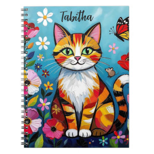Impasto Cat, Flowers & Butterfly Personalized Notebook