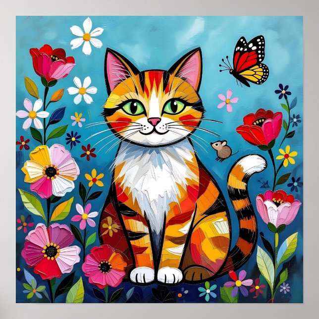 Impasto Cat, Flowers & Butterfly Poster (Front)