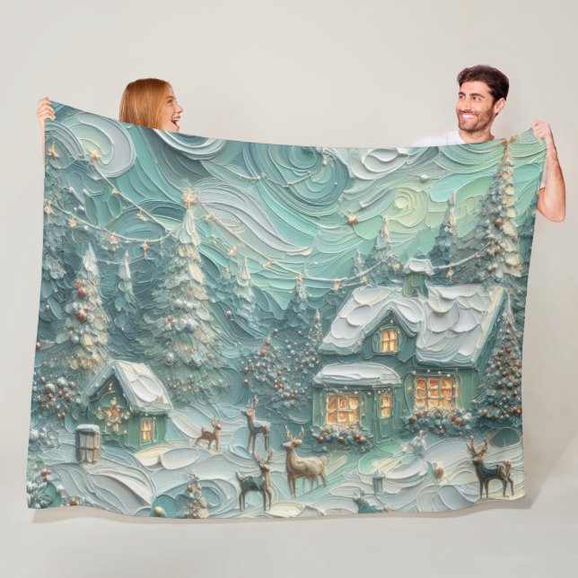 Impasto Christmas Motif Holiday Whimsy Green Fleece Blanket (In Situ)