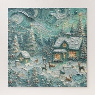 Impasto Christmas Motif Holiday Whimsy Green Jigsaw Puzzle