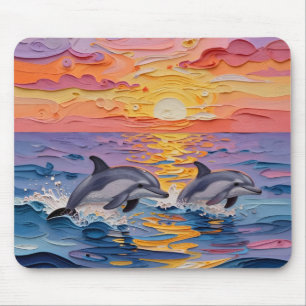 Impasto Dolphins and Ocean Waves   Mouse Pad