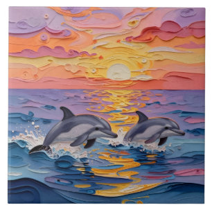 Impasto Dolphins and Ocean Waves Tile