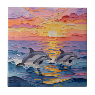 Impasto Dolphins and Ocean Waves   Tile