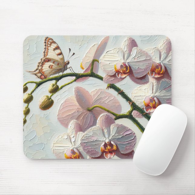 Impasto Paint Butterfly and Orchids Mouse Pad (With Mouse)