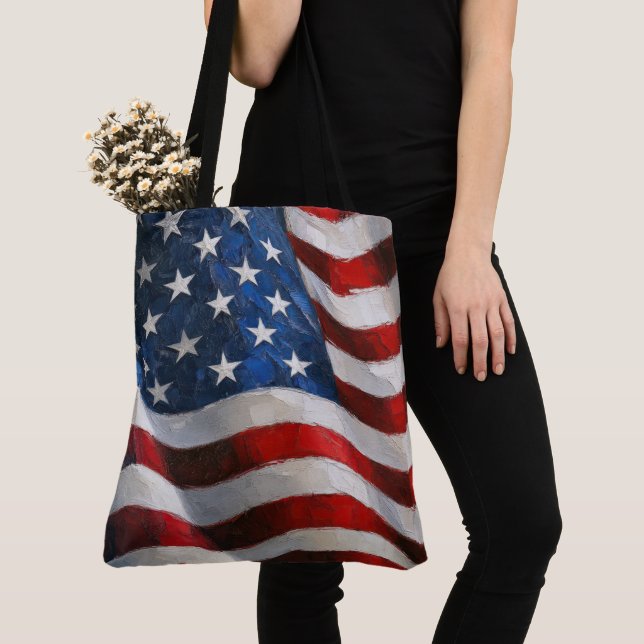 Impasto Painted American Flag Tote Bag (Close Up)