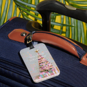 Impasto Pink and Gold Christmas Tree Luggage Tag