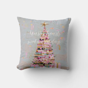 Impasto Pink and Gold Christmas Tree Throw Pillow