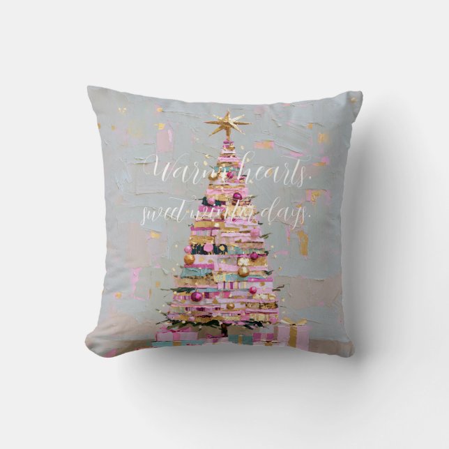 Impasto Pink and Gold Christmas Tree Throw Pillow (Front)