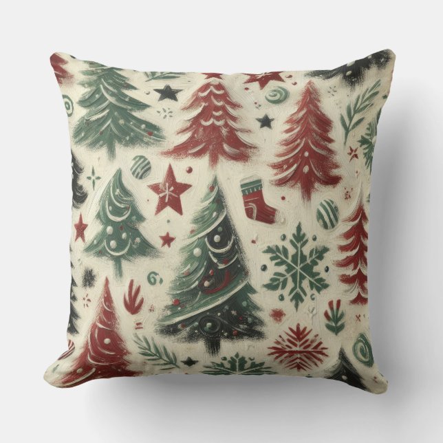 Impasto Red and Green Christmas Motifs Collage Throw Pillow (Front)