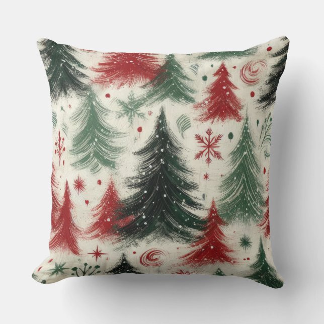 Impasto Red and Green Christmas Motifs Collage Throw Pillow (Front)