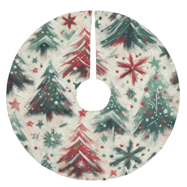 Impasto Red and Green Christmas Trees Collage Brushed Polyester Tree Skirt (Front)
