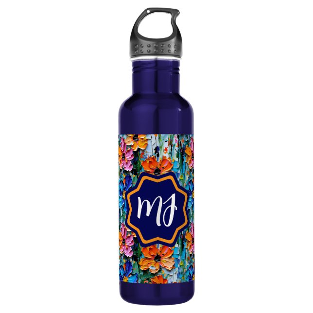 Impasto Style Flowers in a Colourful Monogrammed 710 Ml Water Bottle (Front)