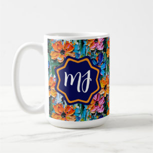 Impasto Style Flowers in a Colourful Monogrammed Coffee Mug