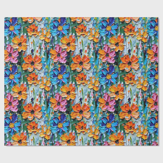 Impasto Style Flowers in a Colourful Pattern Wrapping Paper (Flat)