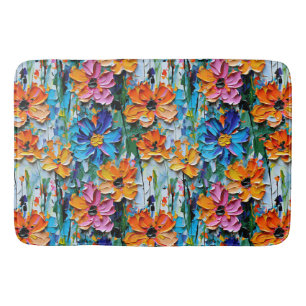 Impasto Style Oil Flowers in a Colorful Pattern Bath Mat