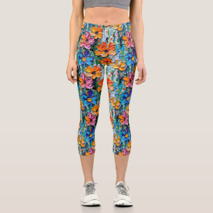 Impasto Style Oil Flowers in a Colorful Pattern Capri Leggings