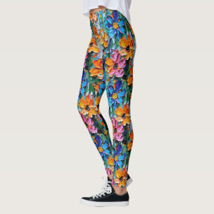 Impasto Style Oil Flowers in a Colorful Pattern Leggings