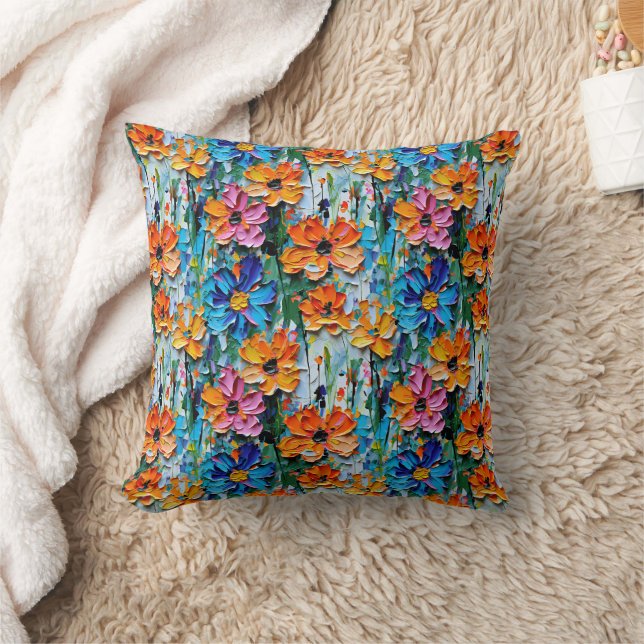 Impasto Style Oil Flowers in a Colourful Pattern Throw Pillow (Blanket)