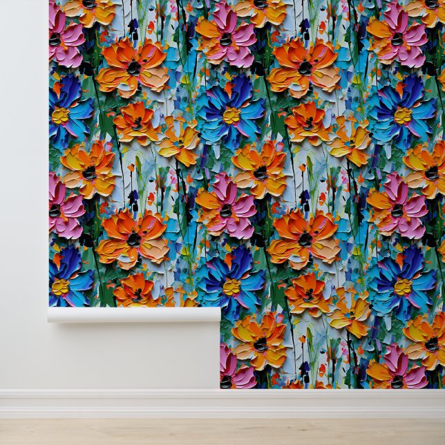Impasto Style Oil Flowers in a Colourful Pattern Wallpaper (Application)