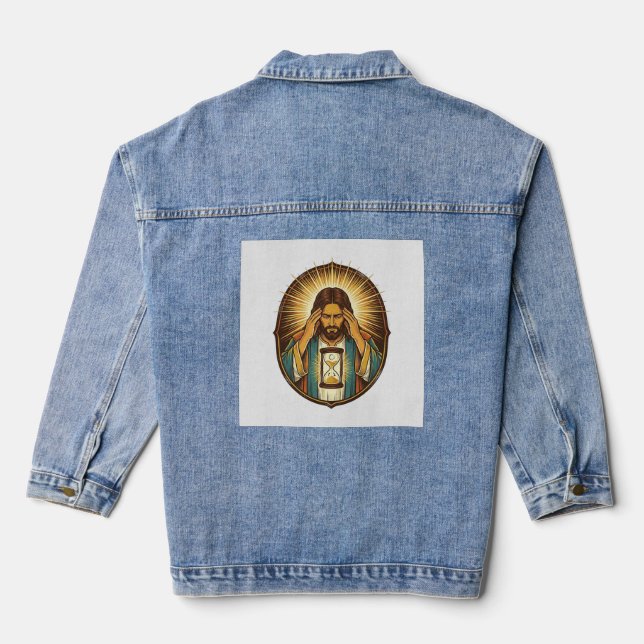 Impatient Jesus Loading Hourglass Slow Internet Te Denim Jacket (Back)