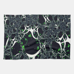 Imperfect white fractal on black space, knitted kitchen towel