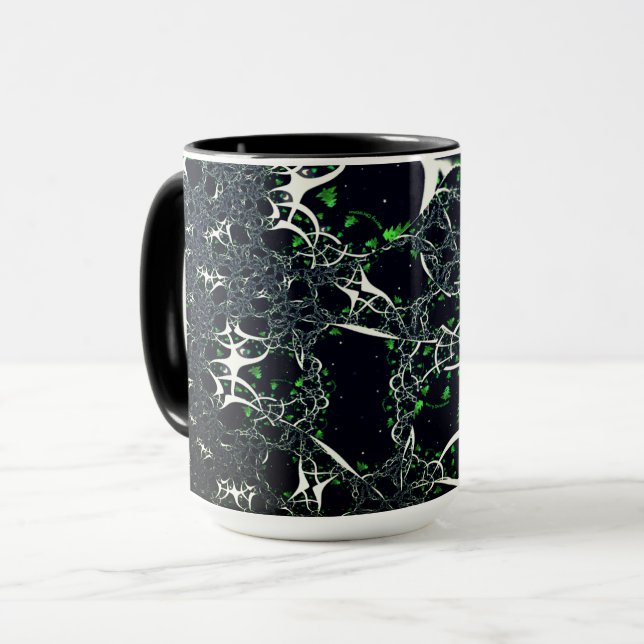 Imperfect white fractal on black space, knitted mug (Front Left)