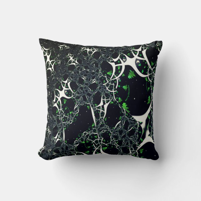 Imperfect white fractal on black space, knitted throw pillow (Front)