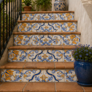 Imperial Blossom Hand Painted Blue and Gold Floral Tile
