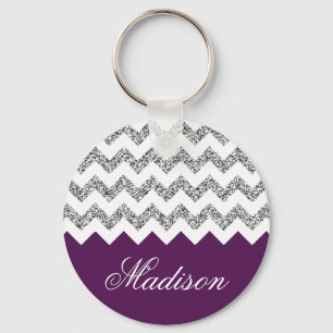 Imperial Purple Silvery Glitter Chevron Pattern Keychain