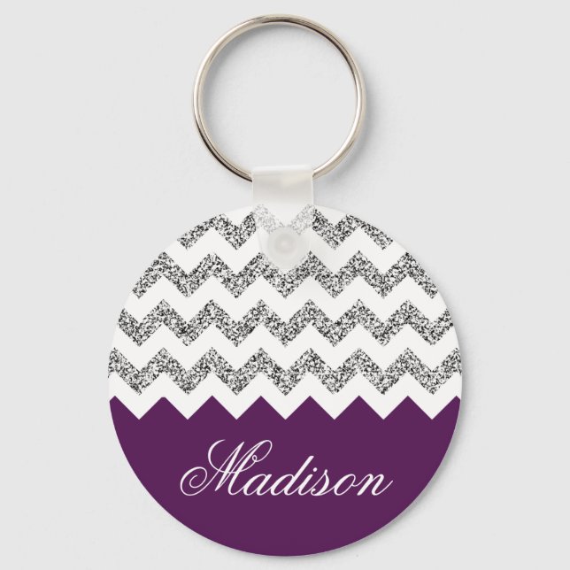 Imperial Purple Silvery Glitter Chevron Pattern Keychain (Front)