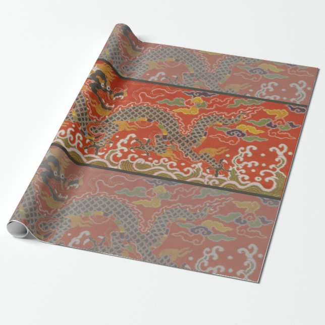 Imperial Red & Black Dragon Silk Pattern Wrapping Paper (Unrolled)