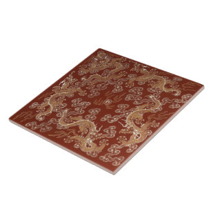 Imperial Red & Gold Dragon Silk Art Tile