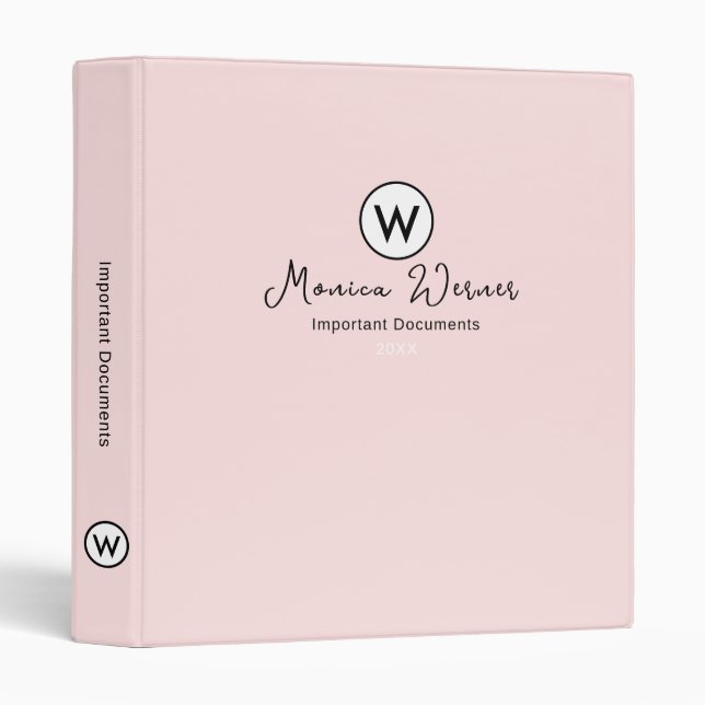 Important Documents Organizer Elegant Blush Pink Binder (Front/Spine)