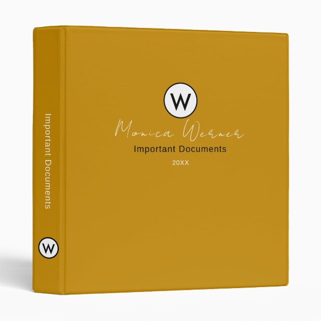 Important Documents Organizer Mustard Yellow Binder (Front/Spine)
