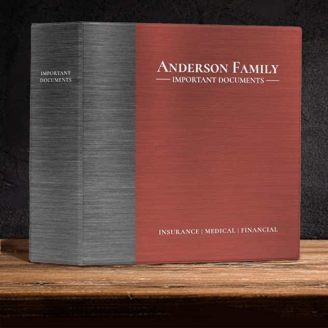 Important Family Documents Estate Planning Binder (A red brushed  metal important documents bider for storing your important papers.)