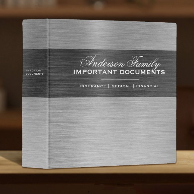 Important Family Documents Estate Planning Binder (A silver brushed metal important documents binder for organizing your families important papers.)