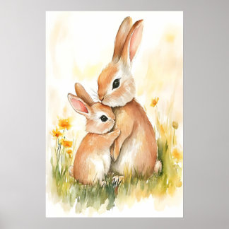 Impression aquarelle de lapin, maman et enfant, mu