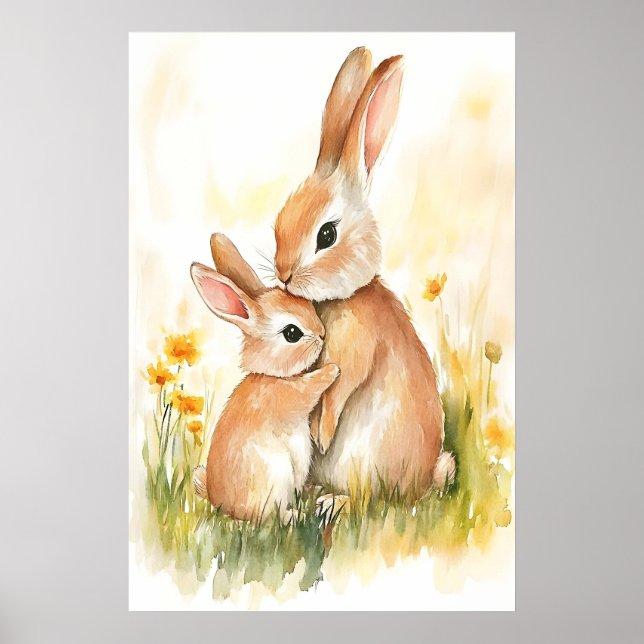 Impression aquarelle lapin, maman et enfant, mur d (Devant)