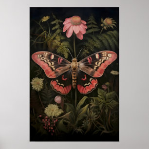 Impression botanique de papillon de nuit rose, pap