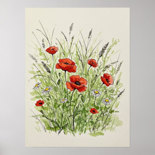 Impression d'art aquarelle de coquelicots et de ma