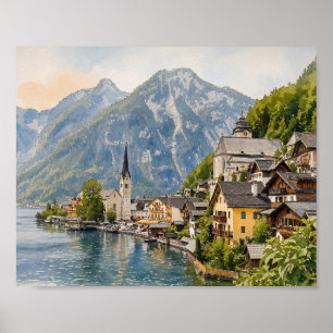 Impression d'art aquarelle de Hallstatt Autriche