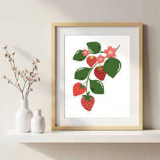 Impression d'art de branche de fraisier dessinée à