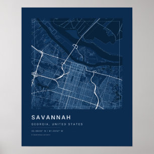Impression d'art de carte de la ville de Savannah 