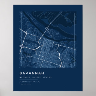 Impression d'art de carte de la ville de Savannah